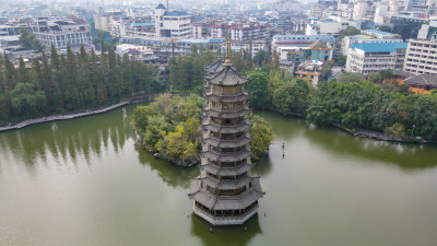 航拍广西桂林两江四湖5A景区日月双塔