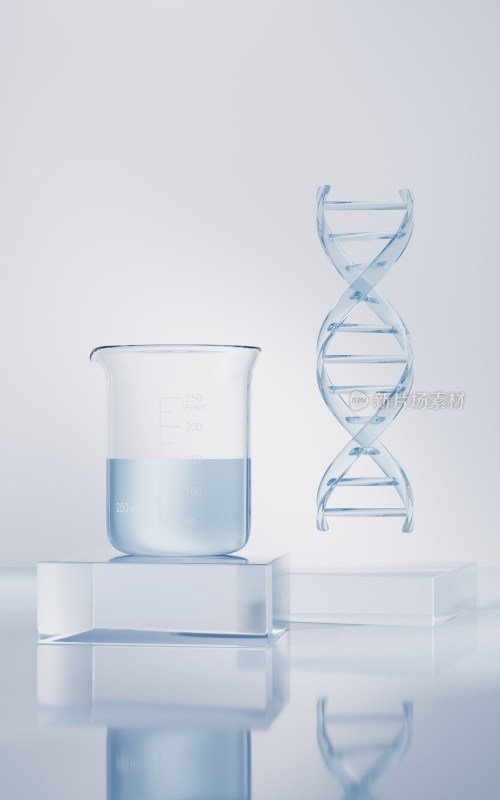 烧杯与DNA结构3D渲染
