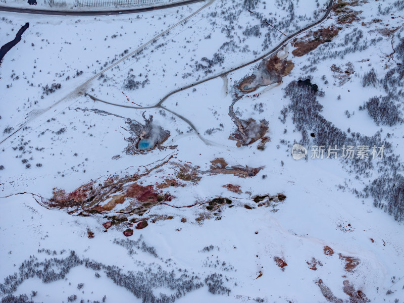 冰岛北极圈火山群间歇泉冬季温泉景观航拍