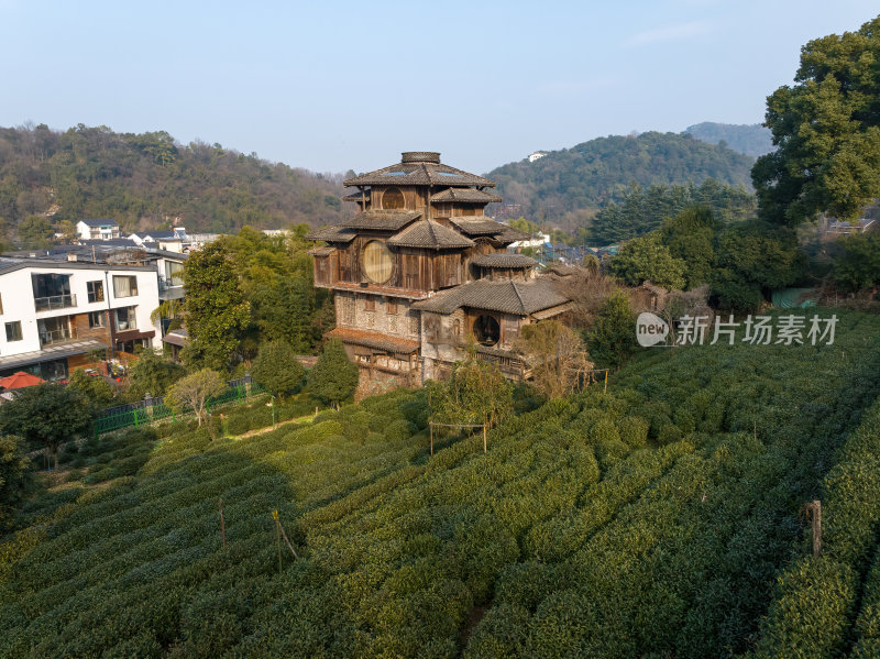 浙江杭州西湖龙井茶园古建筑茶田宁静风光