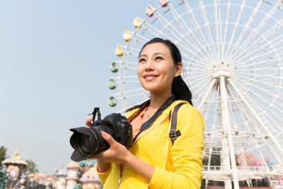 年轻女人在游乐园摄影