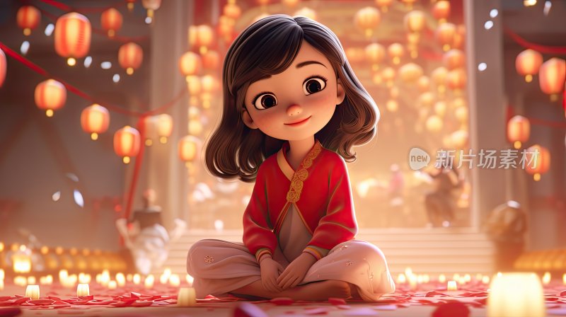 3D卡通人物，穿着汉服的中国女孩