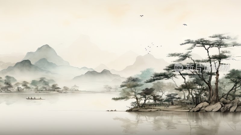 中国风水墨风景意境插画