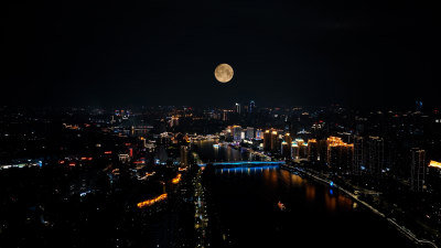 福州夜景照片航拍城市超级月亮福州中秋月亮