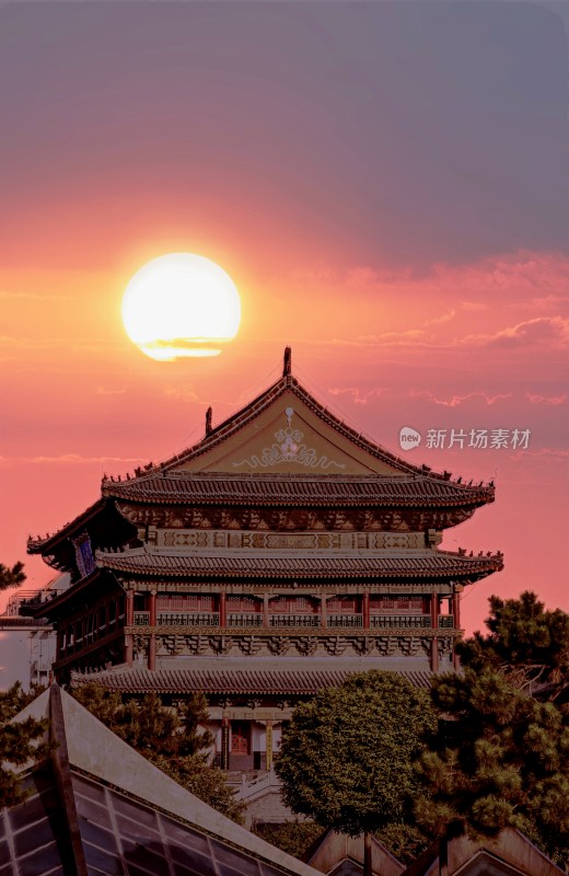 西安鼓楼古建筑夕阳下全景