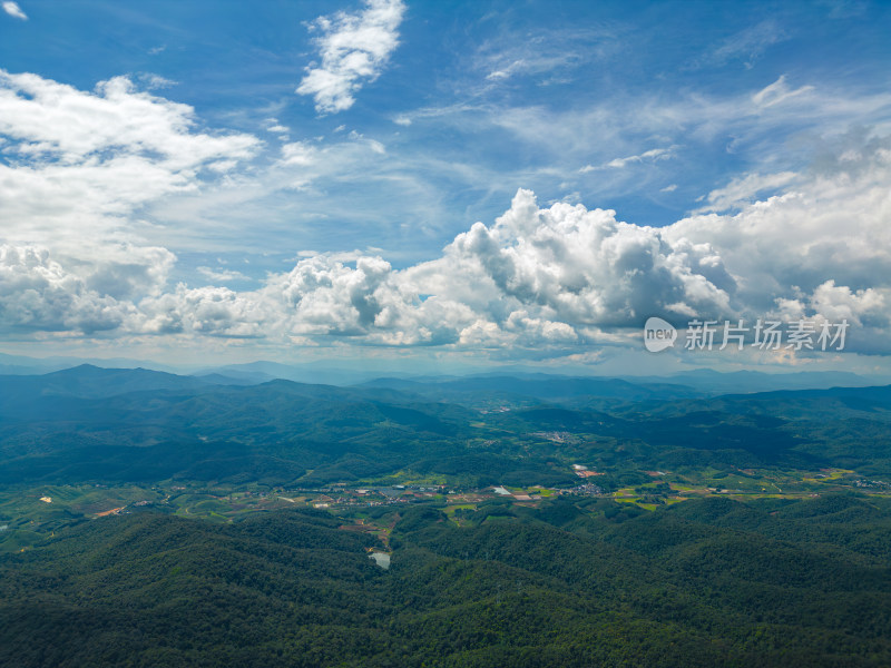 航拍天空高山农田田园村寨风光