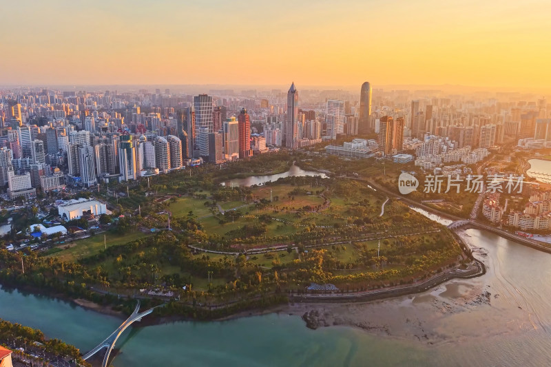 海南海口城市风光日落自贸港经济建设航拍