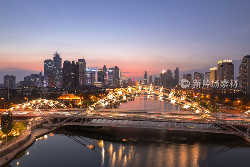 天津海河刘庄直沽桥日落城市建筑夜景航拍