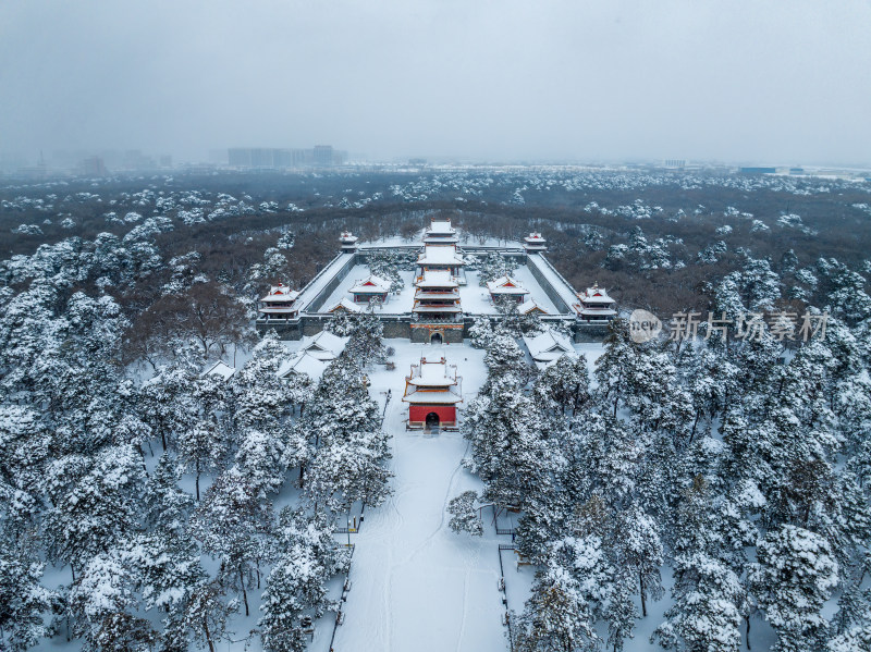 辽宁沈阳北陵公园清昭陵大雪中古建筑航拍