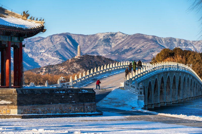 北京颐和园十七孔桥南湖岛玉泉山廊如亭雪景