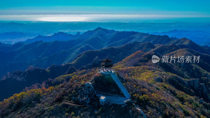 秦皇岛市祖山山顶亭阁航拍秋景壮丽山景全貌