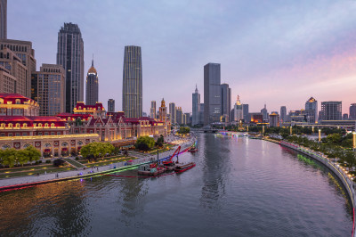 天津海河建筑津湾城市夜景日落晚霞风光