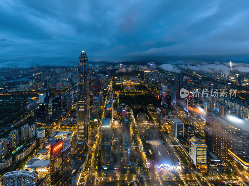 深圳福田CBD大湾区平安大厦夜景蓝调航拍