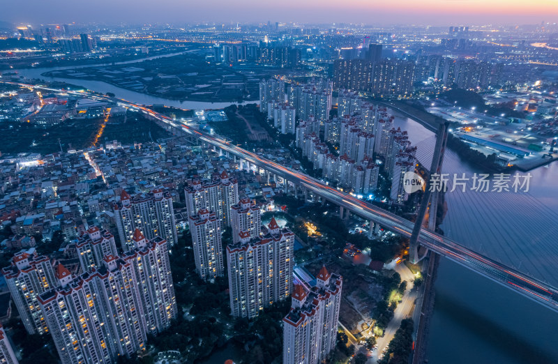 广州东沙桥与珠江城市建筑繁华夜景航拍全景