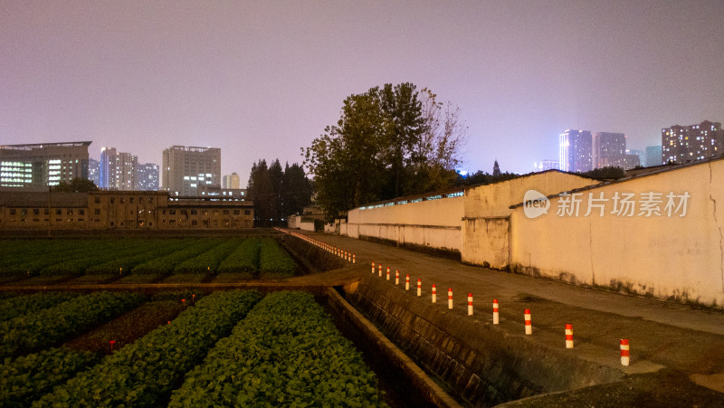 夜幕下的城市旁农田景象