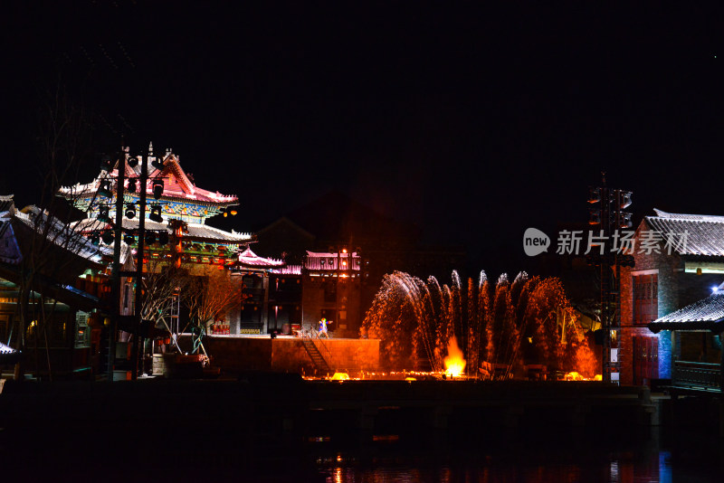 济南明水古城古建筑夜景无人机灯光秀泉秀