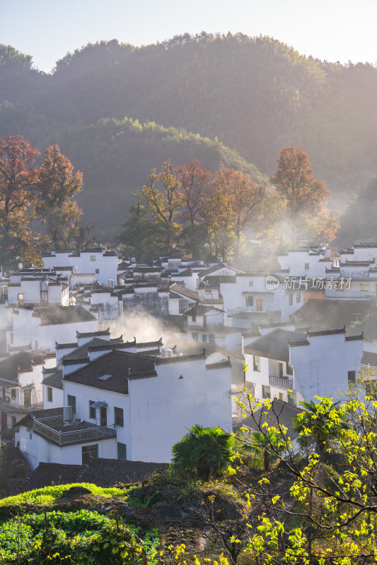 航拍江西婺源石城徽派建筑秋色枫叶村庄日出