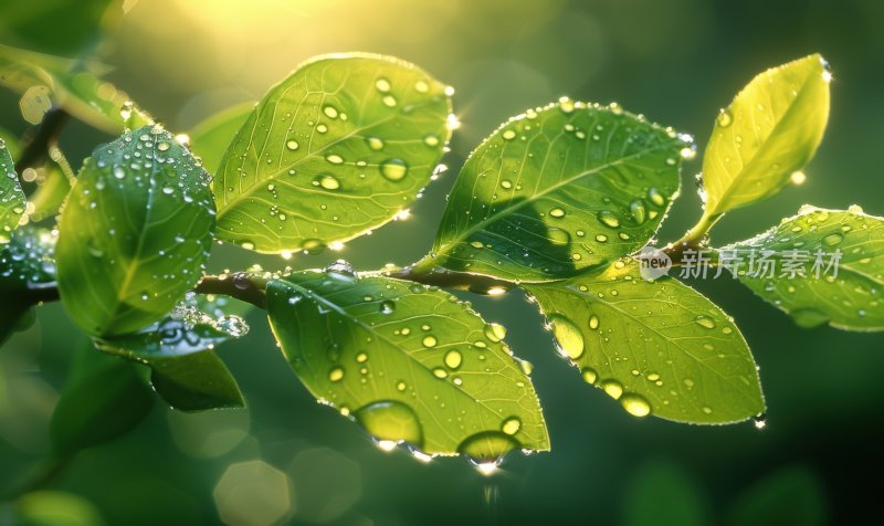 雨后阳光植物绿叶逆光露珠自然背景