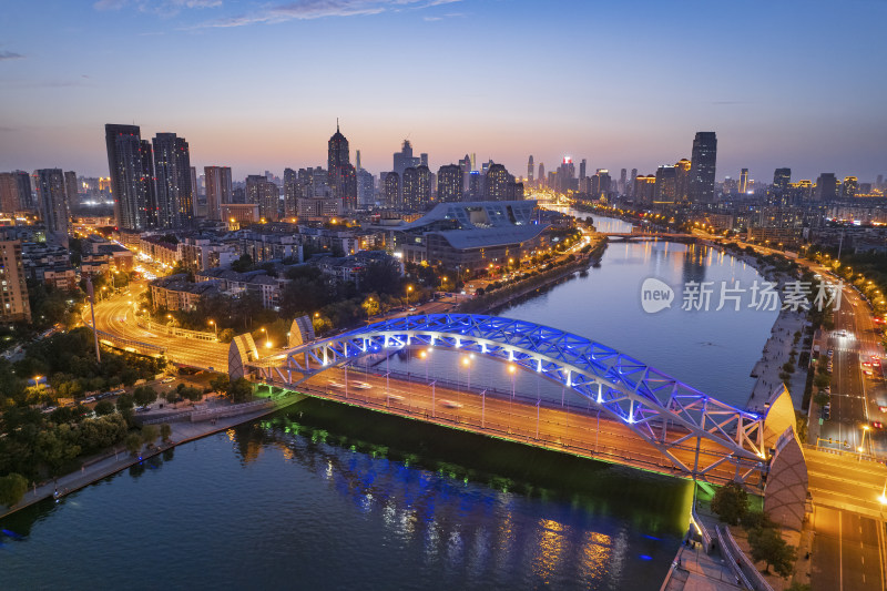 天津海河风景线国泰桥城市建筑日落夜景航拍