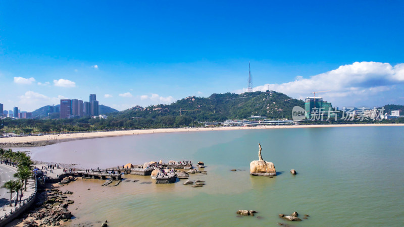 广东珠海渔女雕像地标建筑航拍
