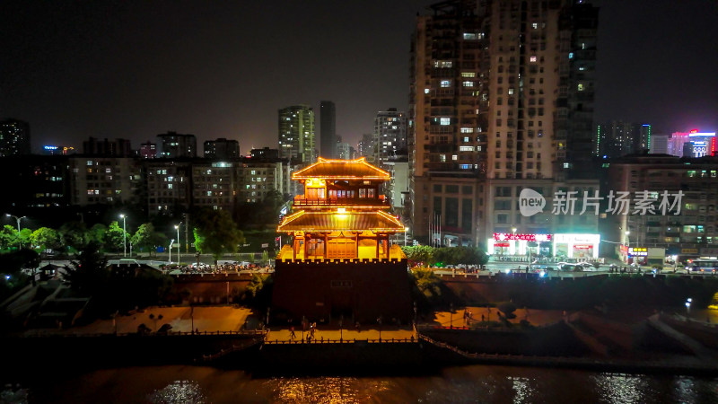 航拍湖北鄂州武昌门夜景灯光