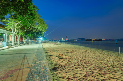 广州南沙海边沙滩海景夜晚灯光