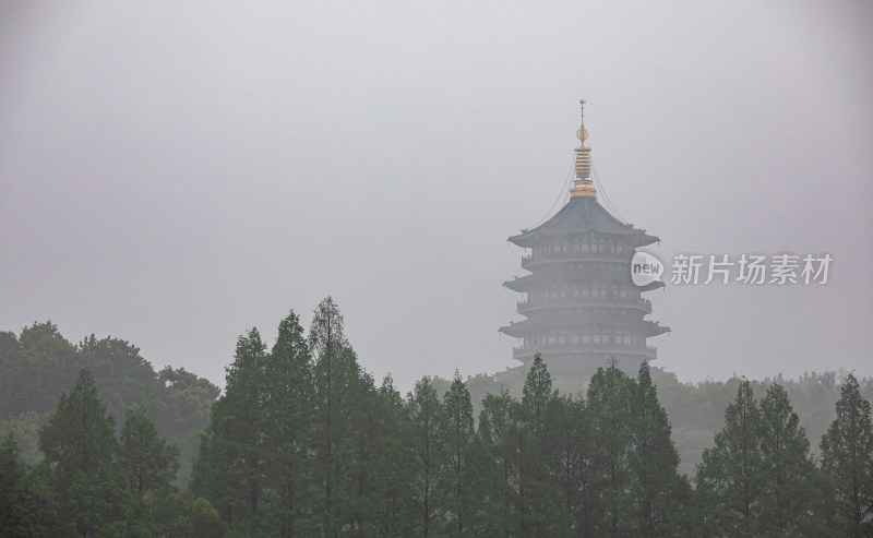 杭州西湖长桥公园雷峰塔雾色景观