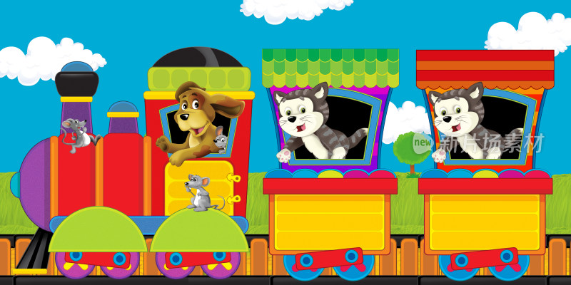 卡通动物乘彩色火车画面