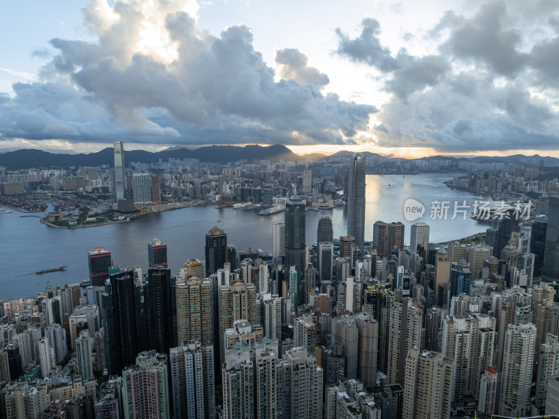 香港维多利亚港CBD中环夜景日出高空航拍