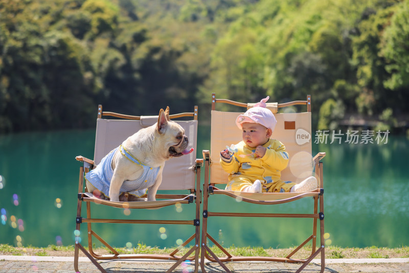 可爱的女孩和她的狗在湖边
