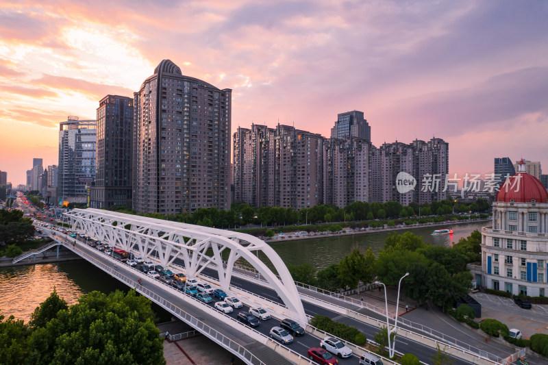 天津海河进步桥城市夜景航拍