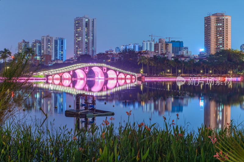 南宁南湖公园石拱桥与城市摩天大楼夜景灯光