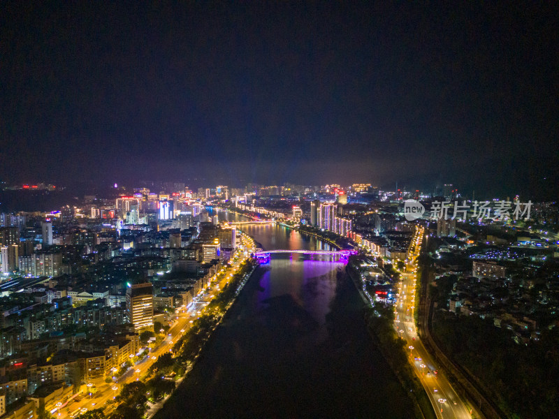 福建三明沙溪夜景航拍图