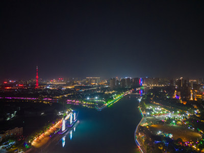 航拍河南漯河沙澧河风景区夜景