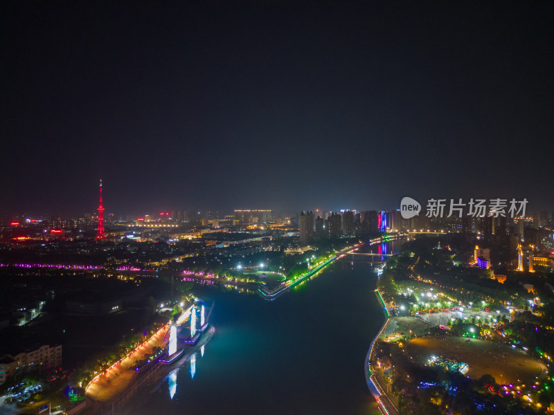 航拍河南漯河沙澧河风景区夜景