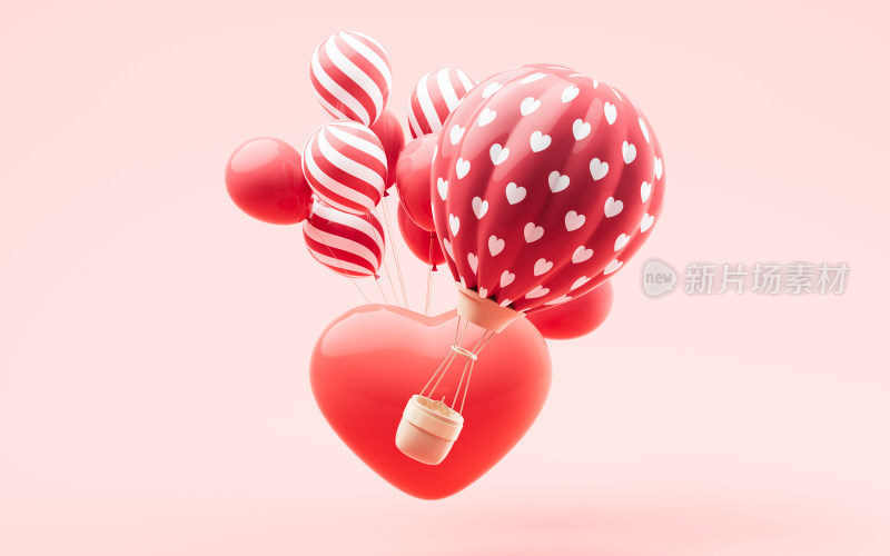 卡通风格热气球与爱心3D渲染