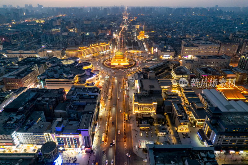 西安晚霞夜幕降临夜景灯光航拍摄影图