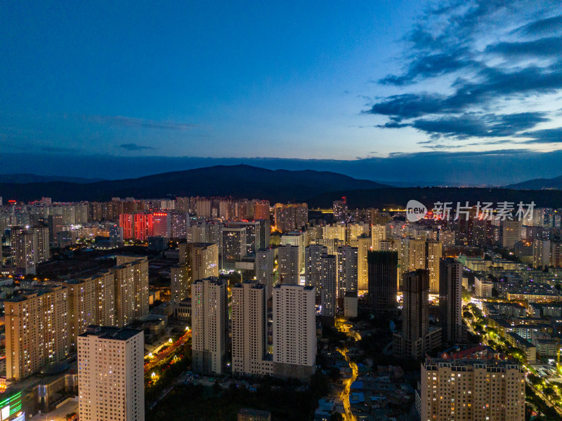 西宁城市夜幕降临夜景航拍图