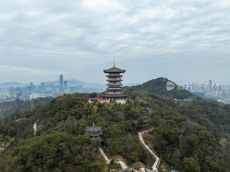 浙江台州椒江白云阁白云山中式古建筑航拍