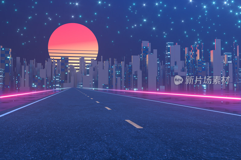 日落时沥青道路与远方城市的灯火 三维渲染