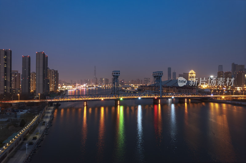 天津海河响螺湾海门大桥城市风光夜景航拍