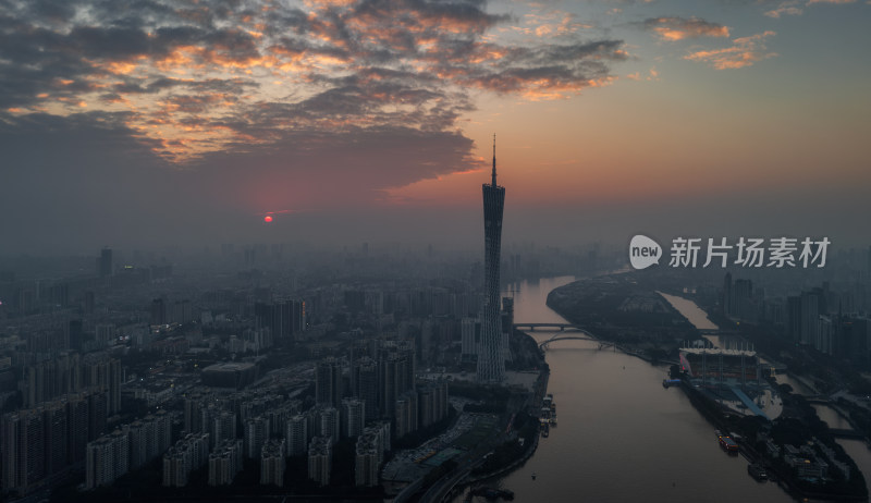 广州日落时分的城市风光鸟瞰全景