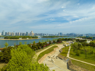 航拍夏季山东省日照市奥林匹克水上公园