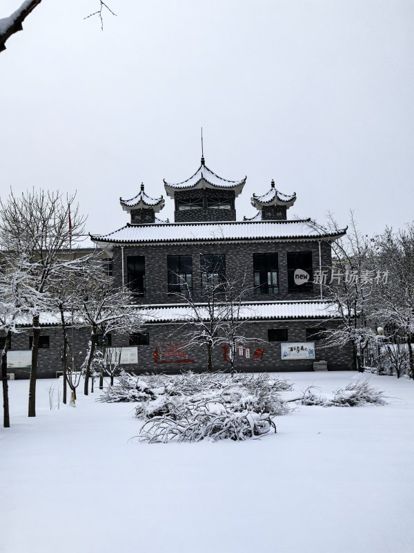 雪中古式建筑，尽显历史韵味