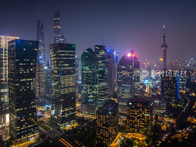 航拍上海陆家嘴高金融中心密集高楼群夜景