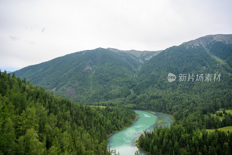 夏季新疆阿勒泰喀纳斯河月亮湾自然风光