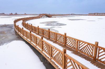 航拍酒泉祁连苇海景区雪景