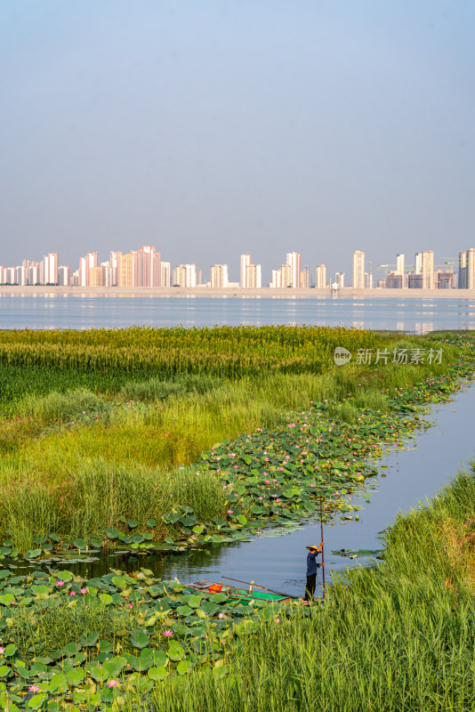 中国邹城孟子湖湖泊湿地渔船自然景观