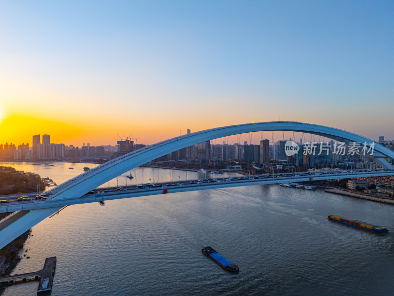 航拍上海卢浦大桥和黄浦江日落美景