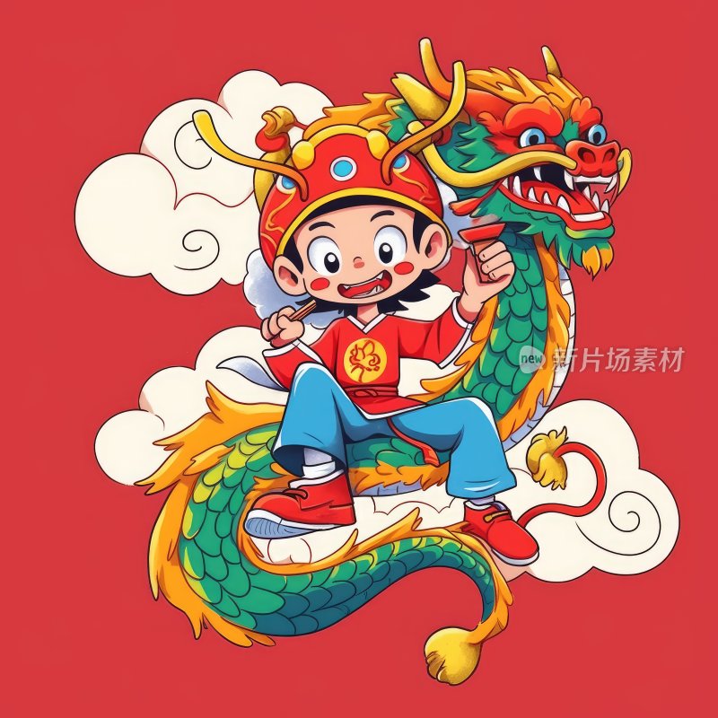国潮插图，舞龙的小男孩
